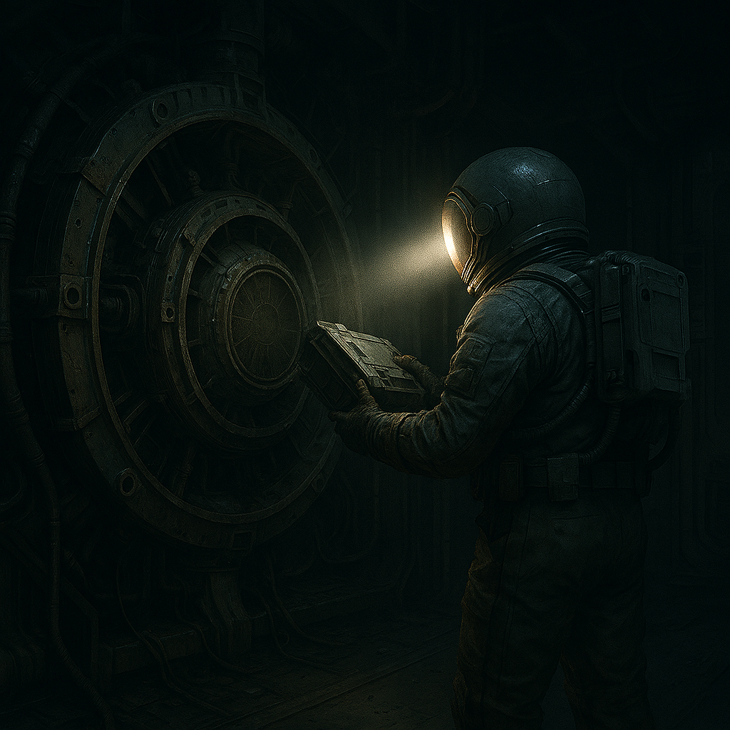 An astronaut in a grey space suit stands in a dark, abandoned engine room of a space station. The only light comes from the torch on the astronaut’s helmet, illuminating a large, powered-down engine covered in grime and wear. The astronaut is carefully removing a sleek, futuristic component from the aged machinery. Pipes, cables, and metal panels surround the scene, with dust particles floating in the air. The atmosphere is tense and quiet, rendered in a cinematic, realistic style.