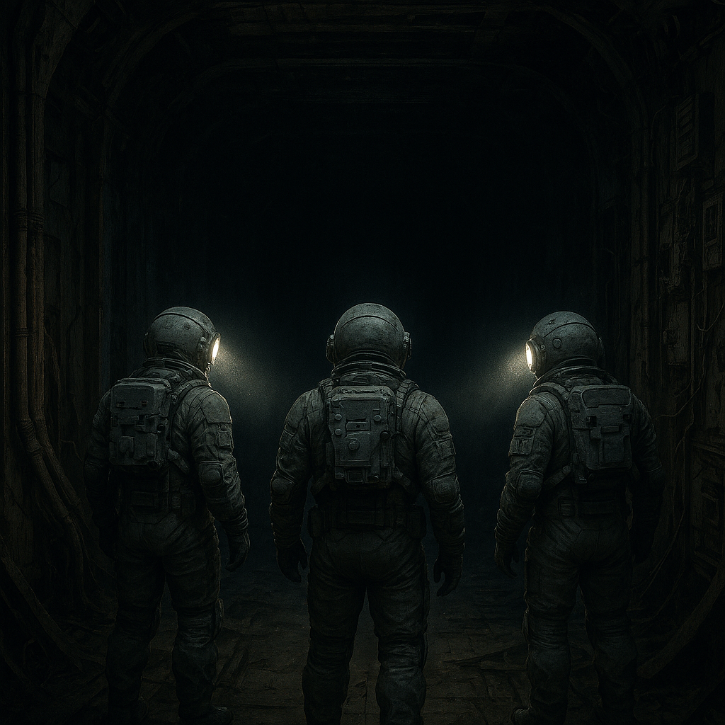 Three astronauts in worn grey space suits stand at the entrance of a dark, abandoned space station corridor. Their helmet-mounted torches cast narrow beams of light into the shadowy passage ahead, revealing floating dust and decaying metal walls. The central figure is slightly ahead, flanked by the other two. The corridor is littered with debris and cables, with rusted pipes and damaged panels lining the walls. The atmosphere is tense and eerie, with the background fading into darkness.