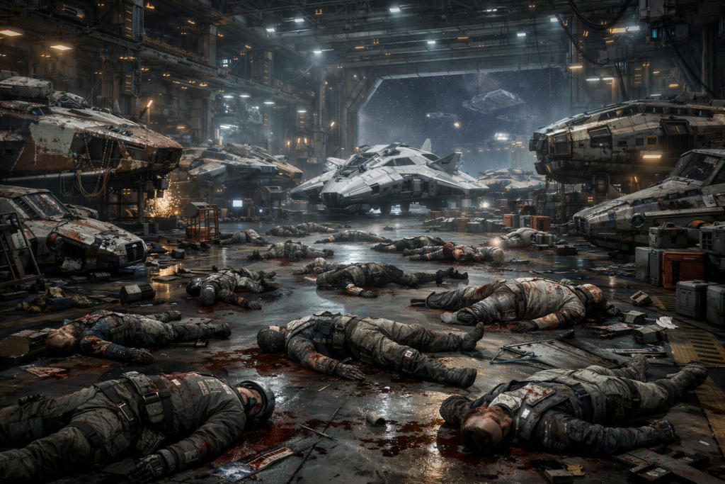 Interior of the landing bay. There are numerous ships in various states of disrepair. Lying among the ships are countless bodies. Many of the bodies are missing limbs, dried blood is everywhere.