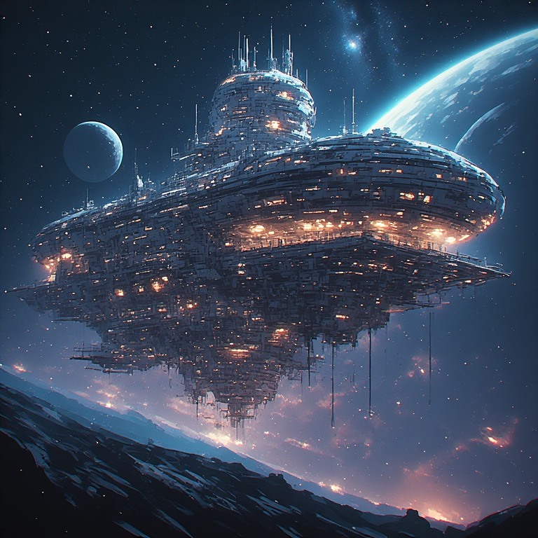 The exterior of an enormous space station. It hangs above a planet, with a moon in the background, but does not seem dwarfed by them such is its scale. The station resembles a point down triangle with a large cylinder projected up from the middle of the base. The whole thing is lit up, and there are many antenna and arrays jutting from the hull. There are two obvious landing bays, a large one to the front, and a smaller one to the rear of the station.