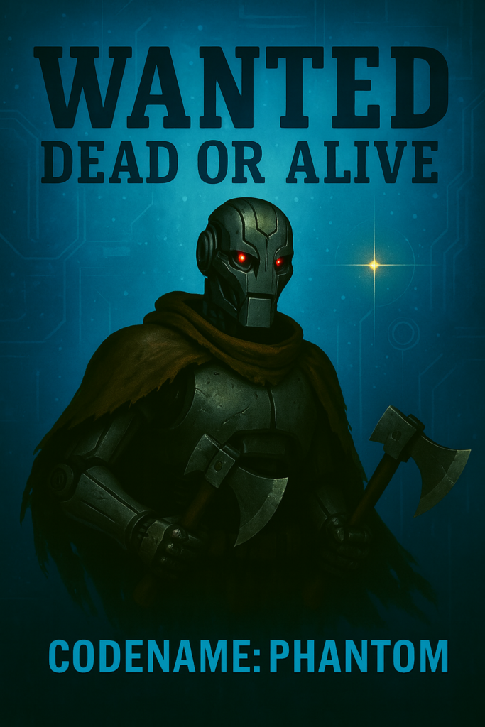A futuristic "WANTED" poster features a robotic figure with glowing red eyes, holding a hand axe in each hand. The robot wears a tattered cape and stands against a digital blue background with circuit-like patterns. The top of the poster reads "WANTED DEAD OR ALIVE" in bold letters, and the bottom displays "CODENAME: PHANTOM." The overall style is cinematic and sci-fi, with a dark, moody atmosphere.