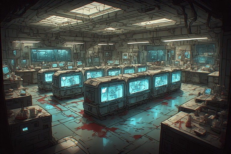 An anime style drawing of a medical lab that looks destroyed. There are some data consoles and lock boxes that look undamaged. There are 8, still active medical pods in the centre of the lab. There are random sprays of blood around the floor. The pods are lined up in two rows of four, each of them emitting a faint blue glow but misted over so you could not see inside. The rest of the lab looked much as you would expect it to. Consoles, work stations, science stuff.