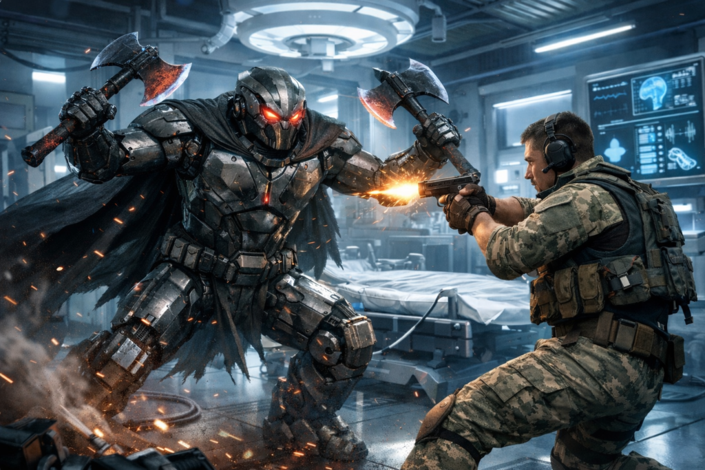 A futuristic battle scene inside a high-tech medical laboratory. A human soldier wearing camouflage combat fatigues, body armor, and a headset fires a pistol at a large humanoid robot. The robot, roughly the same size as the human, wears a dark cape and heavy metallic armor with glowing red eyes, and wields an axe in each hand as it lunges forward. Sparks and debris fly around them, with medical equipment, monitors, and an empty hospital bed visible in the background under bright surgical lighting.