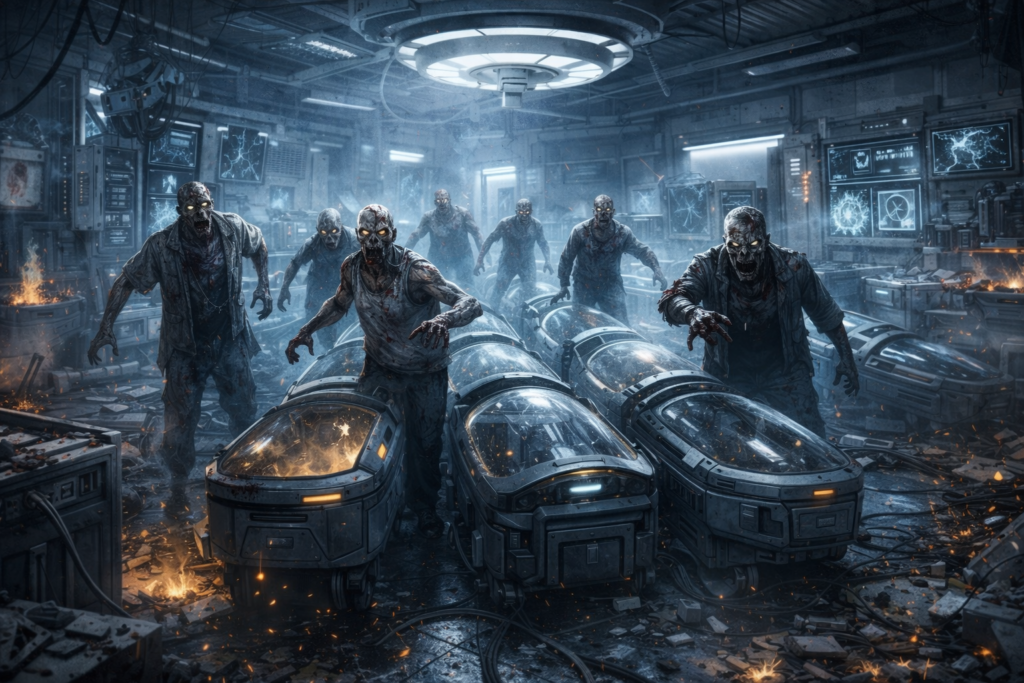 A destroyed futuristic medical laboratory filled with debris, broken equipment, and flickering monitors. In the center of the room are eight high-tech medical pods arranged in two rows of four. Six of the pods are open, and six zombies have climbed out and are shambling forward with outstretched arms. Two pods remain closed. Sparks, smoke, and damaged machinery surround the scene, with harsh overhead lighting illuminating the chaotic lab environment.