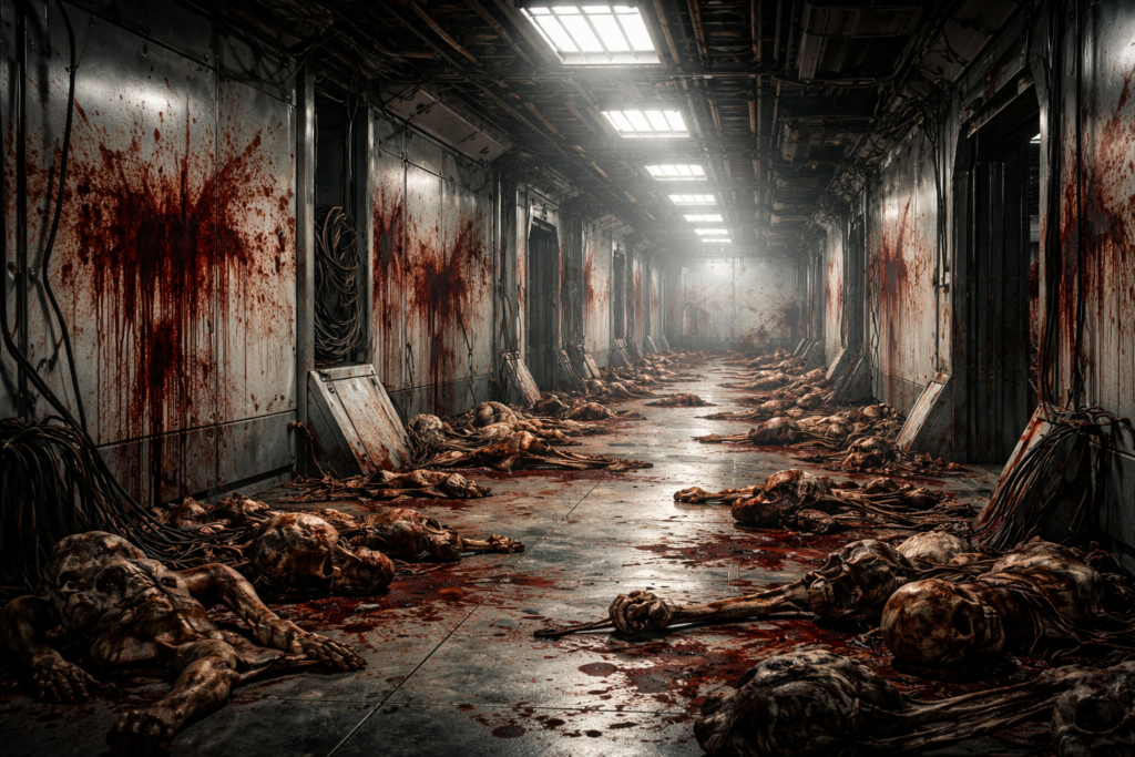 A brightly lit, abandoned space station corridor stretches into the distance, its metallic walls and ceiling illuminated by harsh fluorescent panels. The floor is littered with desiccated human remains—arms, legs, torsos, and skulls—scattered chaotically throughout the passage. Dark, dried blood stains streak and splatter across the walls and floor, creating a gruesome and unsettling scene. Exposed wiring and damaged panels line the corridor, reinforcing the sense of decay and abandonment.