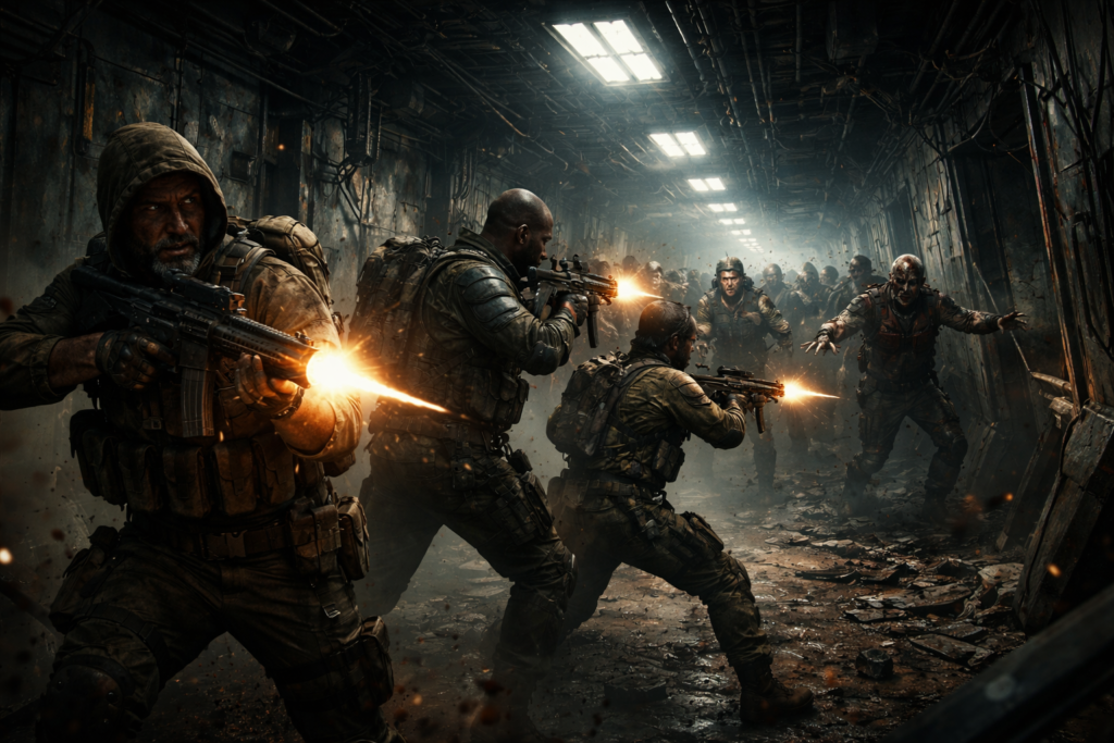 A group of exhausted scavengers in tactical gear retreat down a narrow, dimly lit space station corridor while firing their weapons at an advancing horde of zombies. The flickering fluorescent lights overhead cast a cold glow on the metallic walls and scattered debris. The scavengers appear tense and worn, bracing themselves as the zombies, with aggressive expressions and outstretched arms, close in from the far end of the hallway.