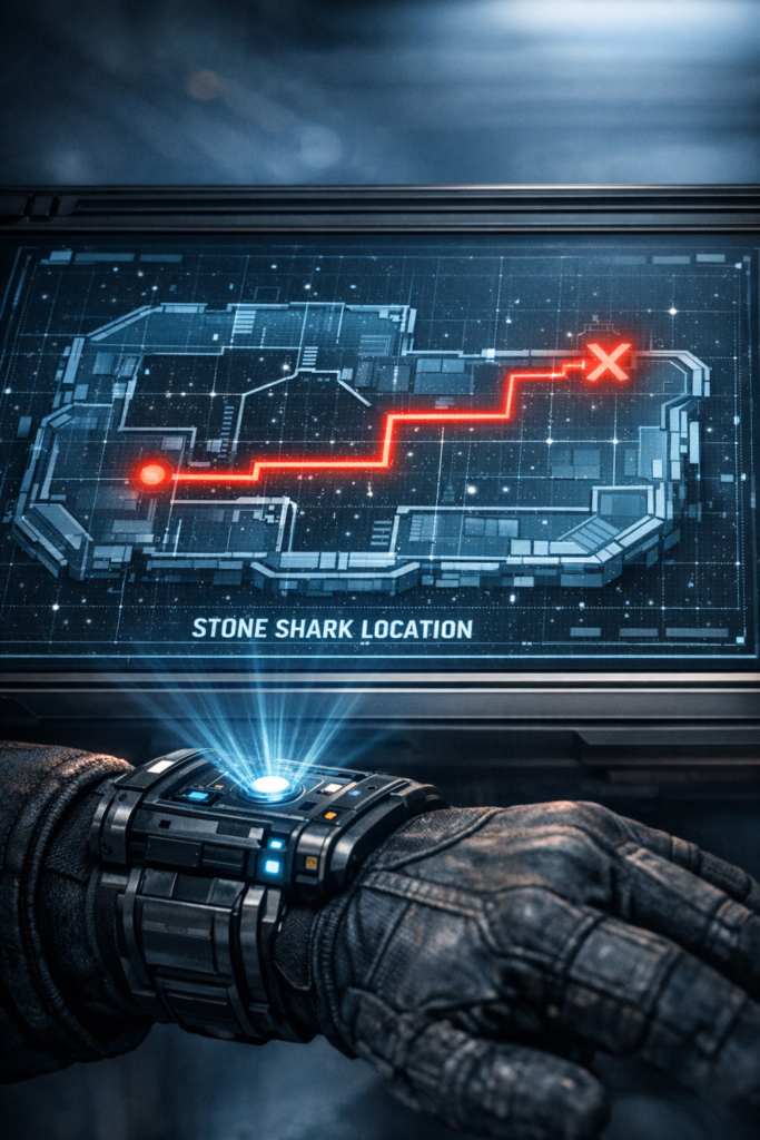 A close-up image of a holographic map projected from a wrist-mounted device worn on a gloved hand. The glowing blue map shows corridors and rooms of a space station, with a red dot marking the current location and a red X marking the target. A red path connects the two, making two turns along the way. The table surface displays the label “STONE SHARK LOCATION” in light blue text. The background is dark and blurred, emphasizing the glowing hologram and wrist device.