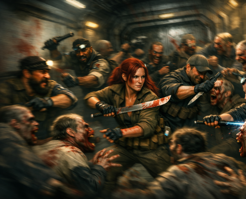 A detailed science‑fiction digital painting showing nine scavenger crew members battling fifteen zombies in a rundown space‑station corridor. The corridor is dimly lit with flickering lights, exposed wires, and bloodstains on the walls. The exhausted but confident human crew wield single‑hand weapons — knives, pipes, wrenches, machetes, and an electrified baton — as they fight off snarling, decaying zombies clustered around a damaged metal door. Sparks, blood, and motion fill the scene, with cool metallic tones contrasting against the red of blood and the glow of the zombies’ eyes.