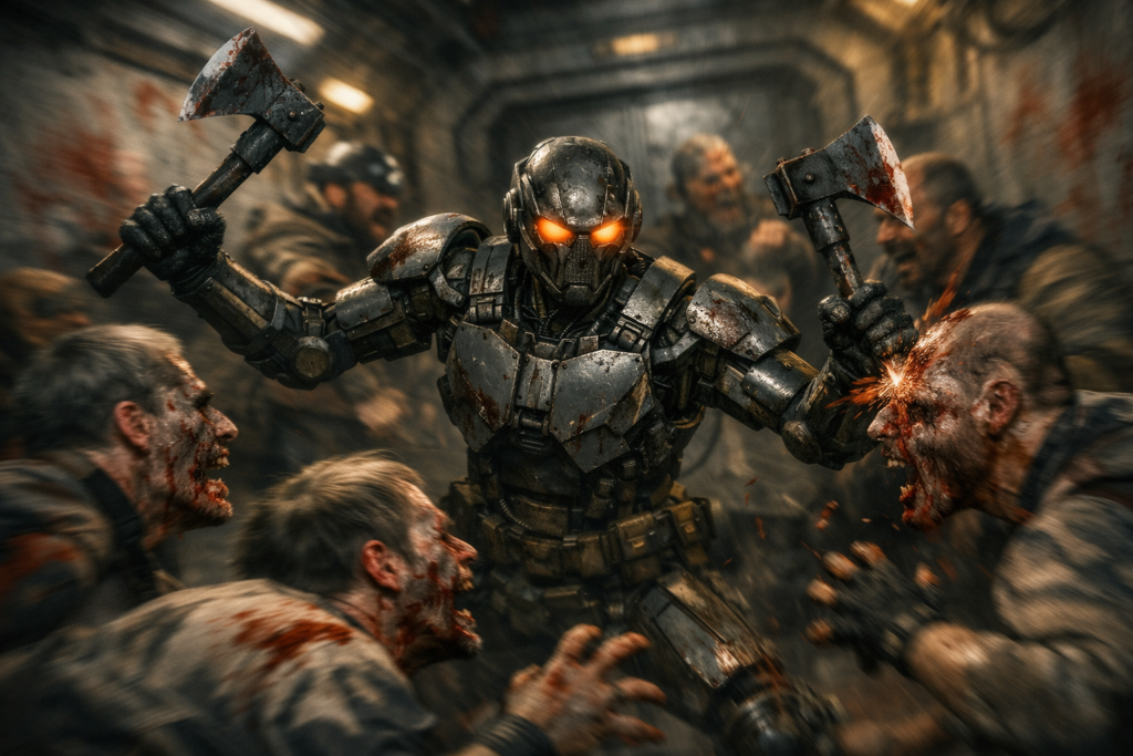 A detailed science‑fiction action scene shows a humanoid robot fighting zombies in a damaged space‑station corridor. The robot has a worn metallic body with exposed joints and glowing orange eyes. It wields two blood‑stained axes, one raised and one embedded in a zombie’s head. Around it, zombies with decayed faces and torn clothing lunge forward amid blood splatters and sparks. Human scavengers appear blurred in the background. The corridor is dimly lit with flickering lights, exposed pipes, and motion blur emphasizing the chaos and movement.