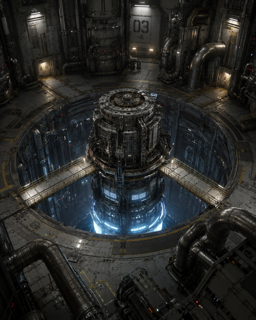 A towering sci-fi power generator rises from a vast circular shaft in the floor of a massive space station engine room. The scene is viewed from an elevated angle, looking down into the industrial chamber. Two metal walkways extend from opposite sides of the room across the void, connecting to the cylindrical generator at its midsection. The generator glows with bright blue energy near its base, illuminating the deep pit beneath it. Thick industrial pipes and machinery cover the walls and floor around the chamber, with large conduits curving along the foreground and walls. The metallic environment is dimly lit with cold industrial lighting, creating a dramatic futuristic atmosphere.