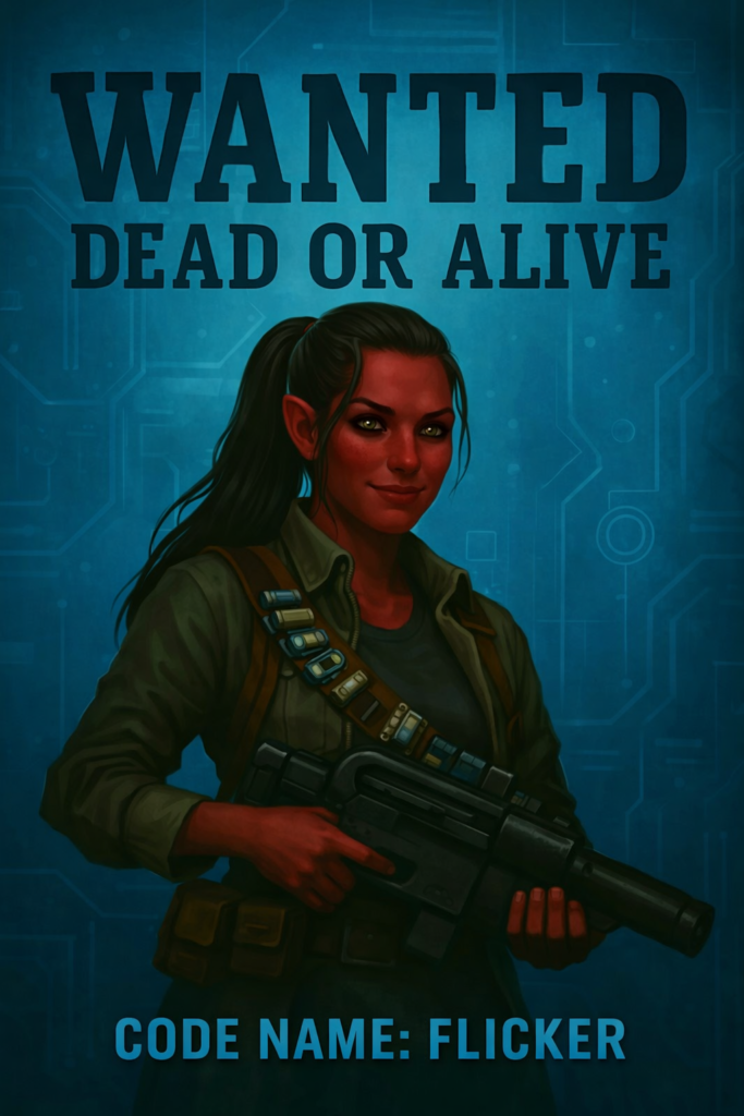 A digital sci‑fi “Wanted: Dead or Alive” poster featuring a young alien woman named Flicker. She has dark red skin, long black hair tied in a ponytail, slightly pointed ears, and black eyes. She wears a lightweight shirt and overcoat with a brown leather bandolier holding small futuristic gadgets. She smiles slightly while holding a shotgun. The background is blue with a circuit‑pattern design, and the text reads “WANTED DEAD OR ALIVE” at the top and “CODE NAME: FLICKER” at the bottom in matching font and style.