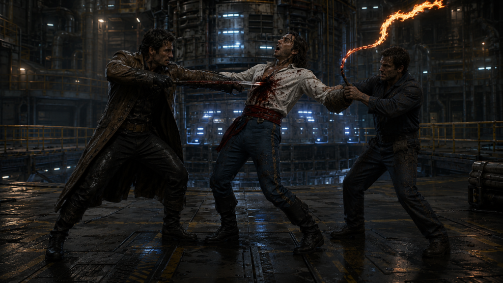 Three men struggle in a dramatic sci-fi industrial chamber filled with towering machinery, metal walkways, and blue-lit reactor structures in the background. The scene is dark and cinematic, with wet metallic flooring reflecting the industrial lights.
At the center, a man dressed like a swashbuckler recoils in shock and pain. He wears a bloodstained white shirt, a red sash around his waist, blue leggings, and black boots. A straight serrated sword has been driven completely through his chest, exiting through his back. His face is tilted upward with an expression of stunned disbelief.
On the left side of the image, a taller man in a long, worn brown leather greatcoat grips the sword with his right hand as he thrusts it into the swashbuckler’s chest. His coat appears weathered and heavily used, with dark gloves and rugged boots adding to his hardened appearance.
On the right side, an engineer in dirty, torn dark-blue coveralls restrains the wounded man’s left arm, pulling it outward away from his body. The engineer’s clothing is stained with oil and grime, and he braces himself with a tense posture.
The wounded man holds a flaming fire-whip in his other hand. The whip arcs upward in a bright trail of orange fire, illuminating the scene with sparks and glowing embers.