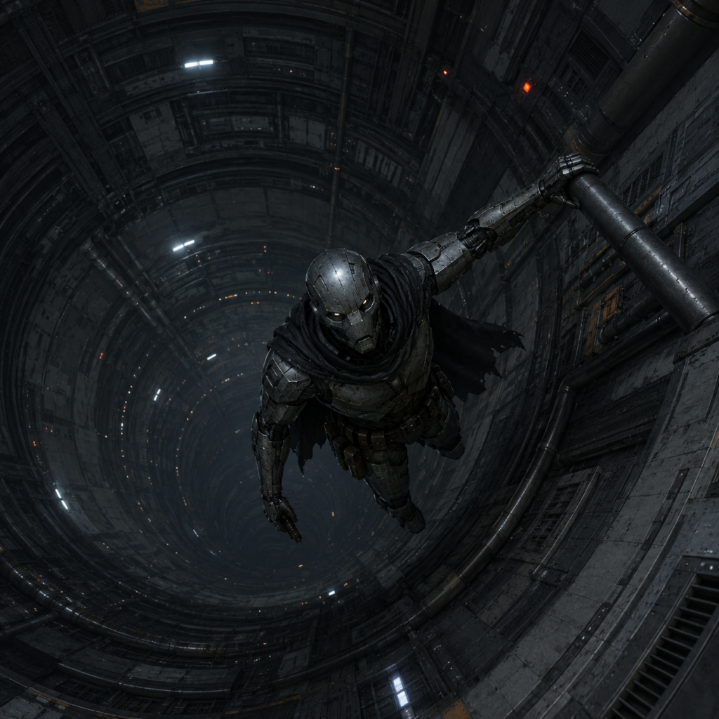 A battle-worn humanoid robot hangs inside a gigantic circular power conduit deep within a futuristic space station. Viewed from high above, the robot grips a metal pipe protruding from the wall with its left hand while suspended over a seemingly bottomless shaft. The robot’s dark metallic armor and torn black cape are illuminated by sparse industrial lights lining the cylindrical walls. Its glowing red eyes are dim and subdued, suggesting exhaustion after combat. Two axes are secured on its belt rather than drawn. The immense conduit curves downward into darkness, emphasizing the scale and isolation of the scene.