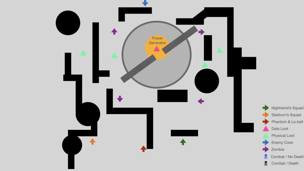 Map layout showing the movements of the crews, zombies, loot and combats during the mission.